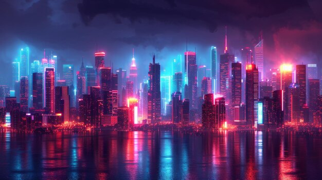 Een neon stadsbeeld met levendige wolkenkrabbers die de nacht verlichten in een futuristische metropool