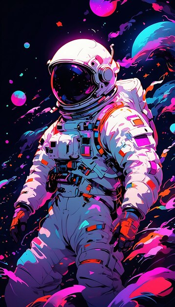 een neon tekening van een astronaut die in de ruimte drijft digitale kunst van Mr Than