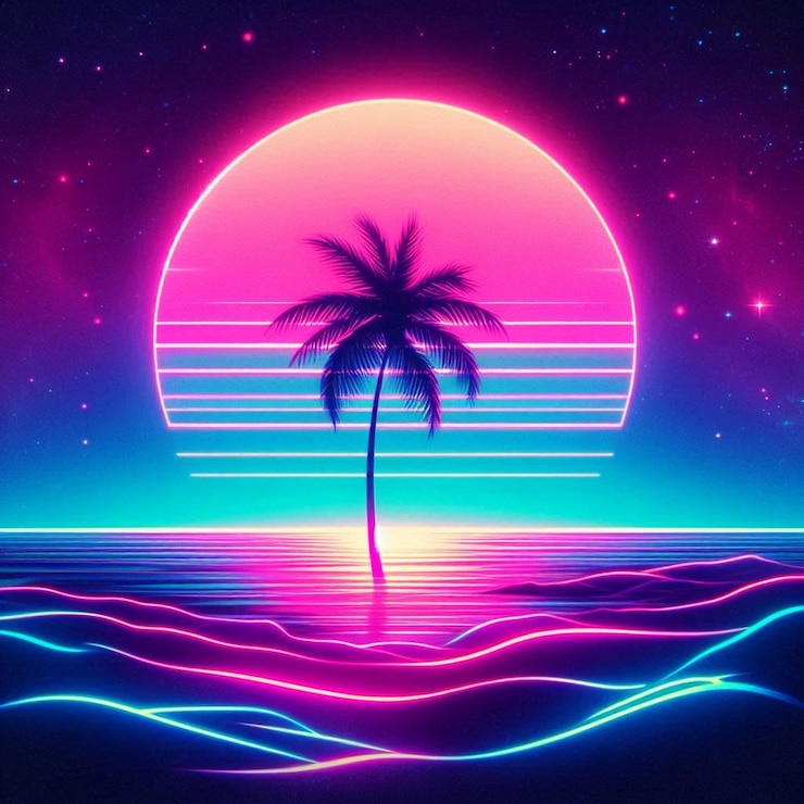 Foto een neon zonsondergang met silhouetten van palmbomen
