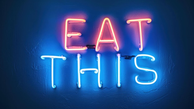 Foto een neonbord dat zegt eet dit in blauw en rood ai