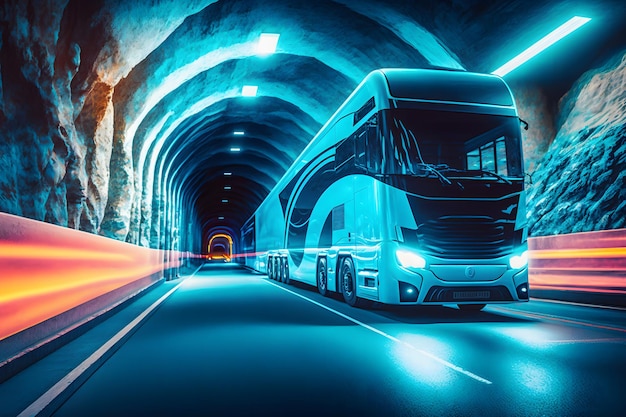 Een neonbus of een langeafstandsbus voor toeristen rijdt door de bergtunnels en wegen Kunst die door het neurale netwerk is gegenereerd