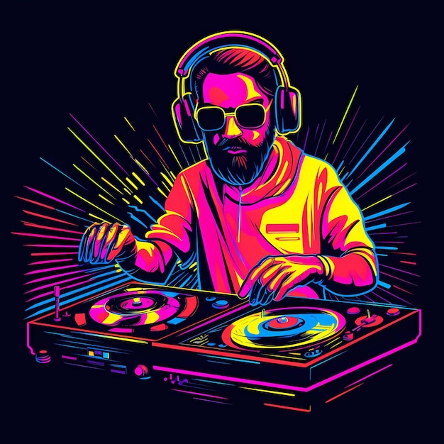 Een neonillustratie van een dj met een koptelefoon en een draaitafel.