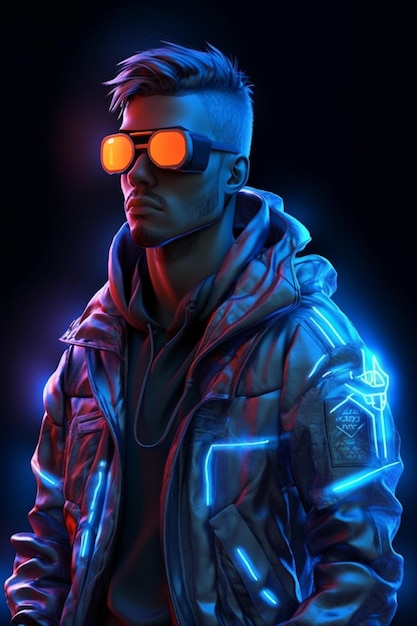 Een neonman een cyberpunkman met een neonjack