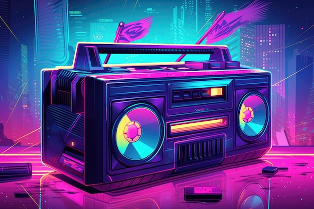 Een neonposter met een boombox en een radio erop