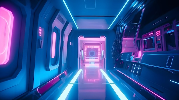 Een neontunnel met roze en paars neonlicht.