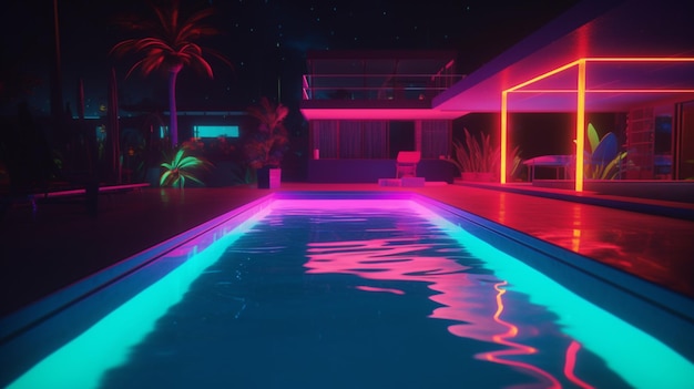 Een neonzwembad in een donker huis met een palmboom op de achtergrond.