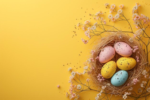 een nest gevuld met eieren en bloemen op een gele achtergrond