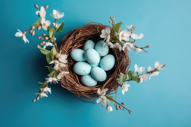 Een nest met blauwe eieren en een kersenbloesemboom op tafel.