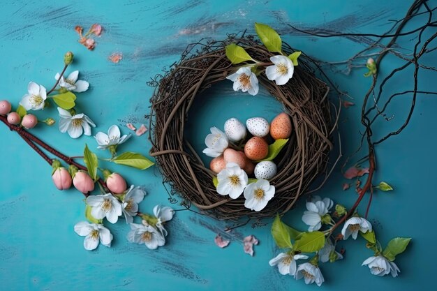 Een nest met eieren en bloemen op een blauwe achtergrond