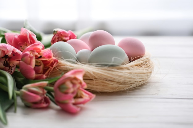 Een nest met eieren in zachte pastelkleuren en een boeket tulpen op een witte achtergrond