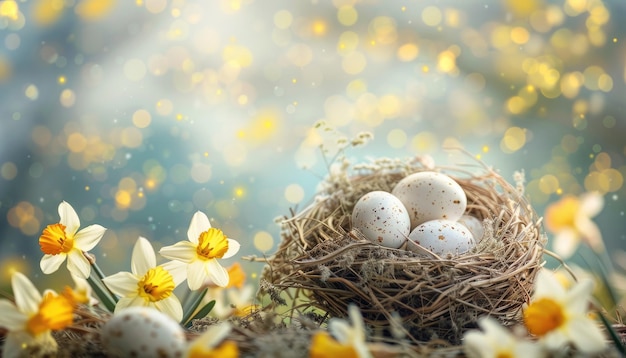 Een nest met twee eieren en een bos gele bloemen door een door AI gegenereerde afbeelding