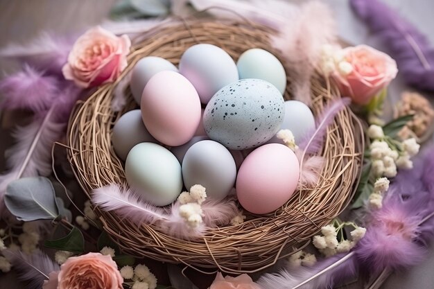 Een nest met versierde paaseieren omringd door prachtige bloemen