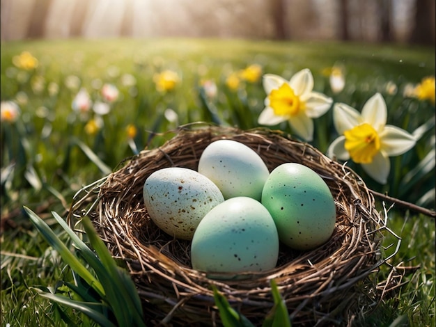 een nest van eieren met gele bloemen op de achtergrond gegenereerd door AI