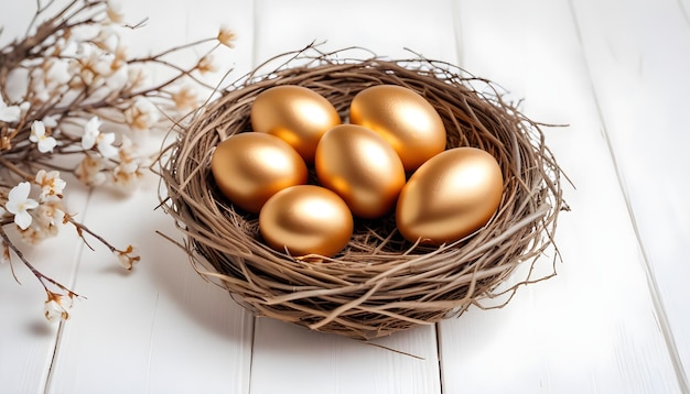 een nest van gouden eieren met een witte achtergrond en een bloem in het midden