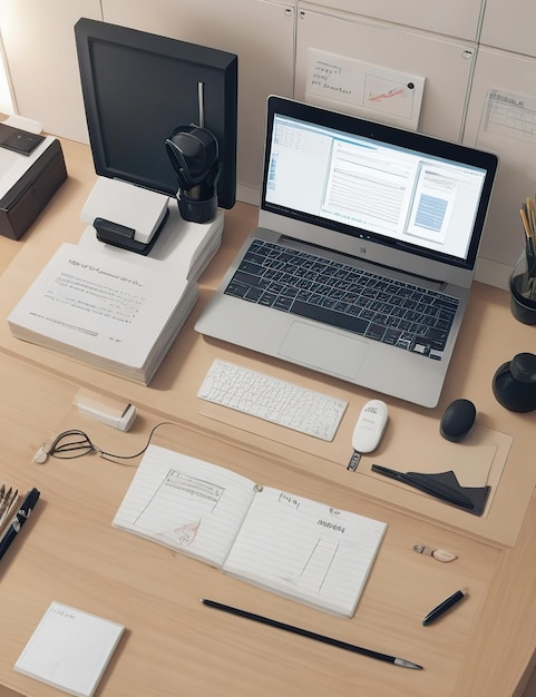 Een netjes bureau met een netjes gerangschikt laptop en kantoorbenodigdheden