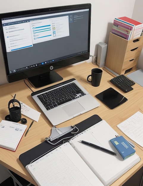 Een netjes bureau met een netjes gerangschikt laptop en kantoorbenodigdheden