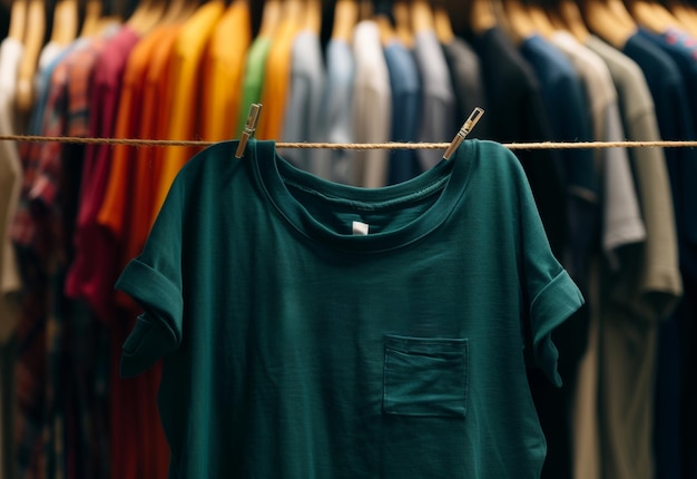 Een netjes georganiseerde garderobe met een selectie van essentiële t-shirts in verschillende kleuren