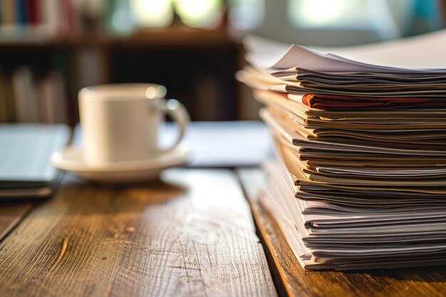 Een nette stapel losse papieren op een stevige houten tafel een stapel zakelijke documenten met een kop koffie op het bureau gegenereerd door AI