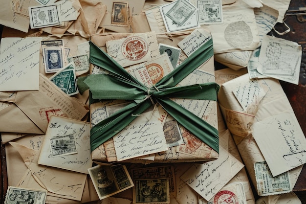 Een nette stapel oude brieven en enveloppen verbonden door een levendig groen lint Een geschenkdoos bedekt met handgeschreven brieven en vintage postzegels