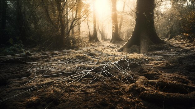 Een netwerk van onderling verbonden boomwortels onder de grond symboliseert het ingewikkelde web van de natuur.