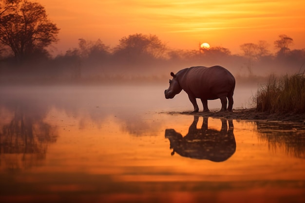 Een neushoorn in het water bij zonsondergang