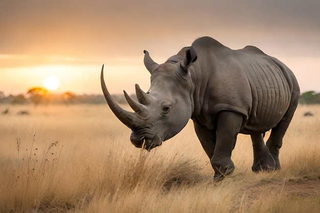 Een neushoorn in het wild bij zonsondergang