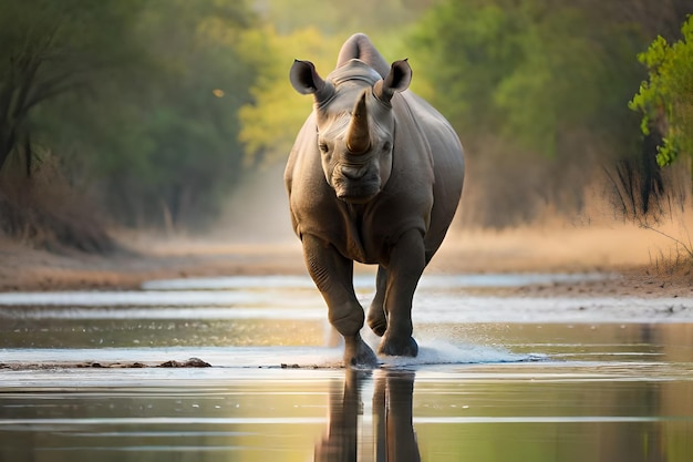 Een neushoorn loopt door een waterpoel in het wild.