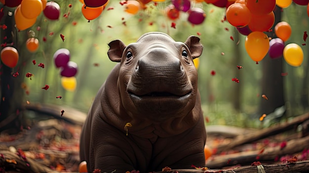 een neushoorn met een gelukkig gezicht en een nijlpaard op de achtergrond