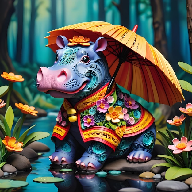 een neushoorn met een paraplu en bloemen erop