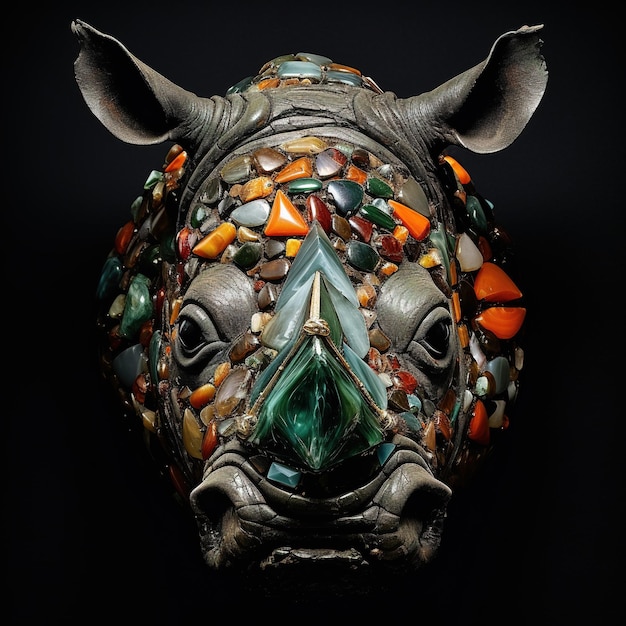Een neushoornhoofd gemaakt van prachtige edelstenen Wilddieren Decoraties Illustratie Generatieve AI