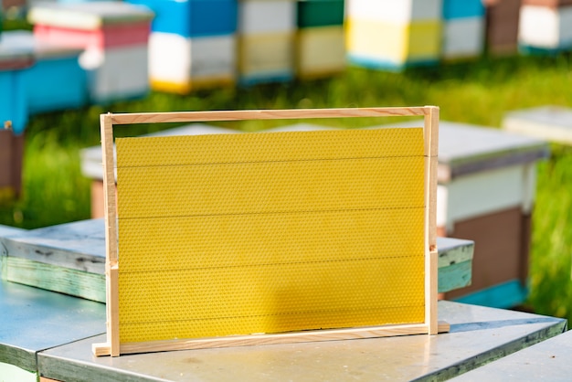 Een nieuw houten frame voor bijen staat in de zomer op een bijenkorf in de tuin
