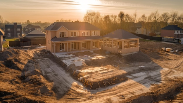Foto een nieuw huis in aanbouw met daarachter de ondergaande zon