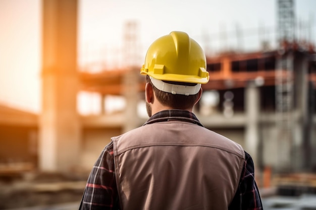 Een nieuwbouw plannen Zijaanzicht van een zelfverzekerde jonge man met blauwdruk en h generatieve AI