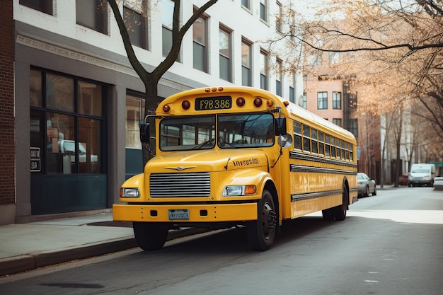 Een nieuwe gele schoolbus op een zonnige dag op de straten van een mooie stijlvolle schattige pastel gele schoolbus rijden in de stad achtergrond