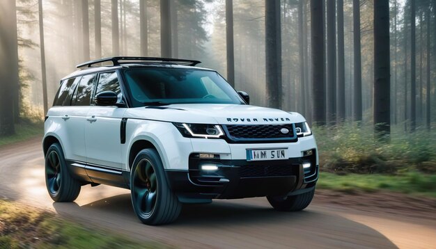 Foto een nieuwe witte land rover defender suv rijdt op een bosweg in frankfurt, duitsland