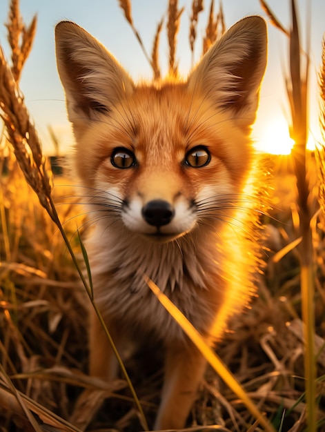 Een nieuwsgierig gezicht van een rode vos die door het hoge gras in een meed kijkt Hyperrealistische illustratie Photo Art
