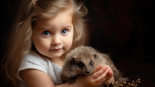 Een nieuwsgierig klein meisje kijkt verwonderd naar een kleine, pluizige egel die in haar handen rust