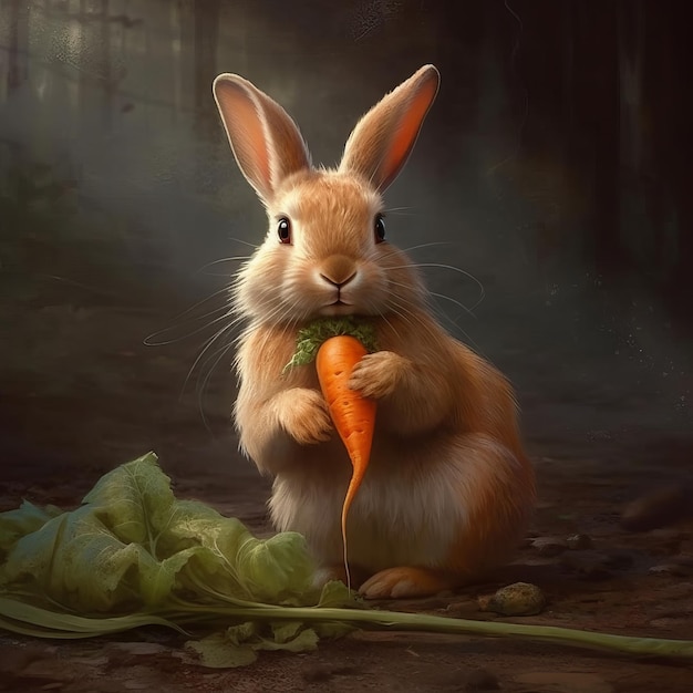Een nieuwsgierig konijn dat aan een wortel knabbelt in een door AI gegenereerde groente