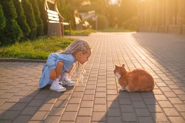 Een nieuwsgierig meisje met pigtails zit voor een rode dakloze kat die in zijn ogen kijkt Liefde voor dieren en natuur sinds de kindertijd Een kind loopt bij zonsondergang door de straten van de stad