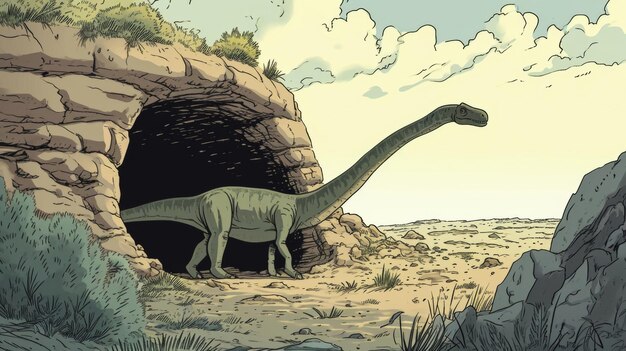 Foto een nieuwsgierige dinosaurus met een lange nek kijkt met zijn langgerekte nek in een hol en probeert een glimp op te vangen
