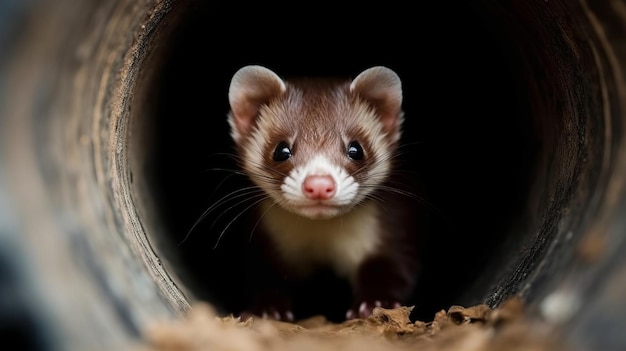 Een nieuwsgierige fret die uit een door AI gegenereerde tunnel tuurt