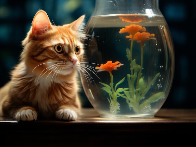 Een nieuwsgierige kat die met fascinatie in een open aquarium kijkt