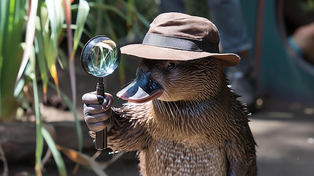 Foto een nieuwsgierige platypus met een bruine hoed en een vergrootglas in de hand