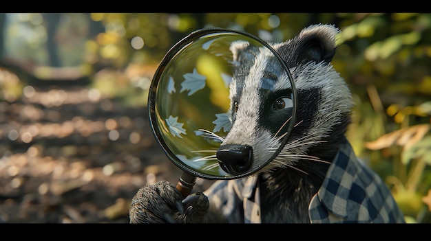 Foto een nieuwsgierige wasbeer met een geruite hemd onderzoekt een blad door een vergrootglas in het bos