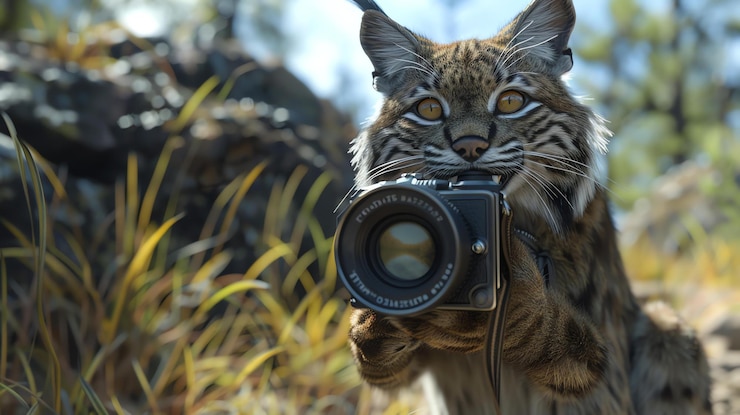 Foto een nieuwsgierige wilde bobcat maakt een foto van je met zijn camera hij staat in het midden van een bos omringd door hoog gras en bomen