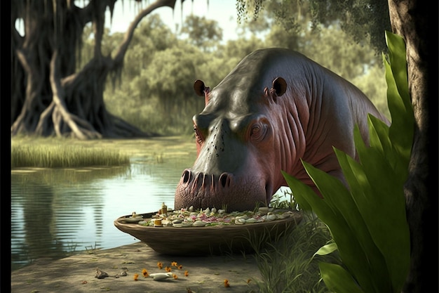 Een nijlpaard dat van een bord eten eet.