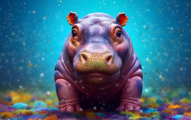 Een nijlpaard met een blauwe achtergrond en het woord nijlpaard erop