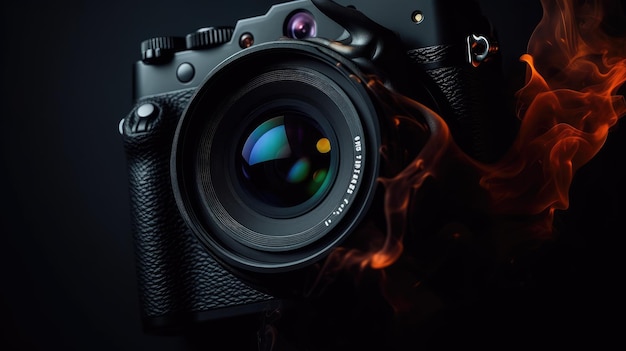 Een Nikon-camera met een brand op de achtergrond