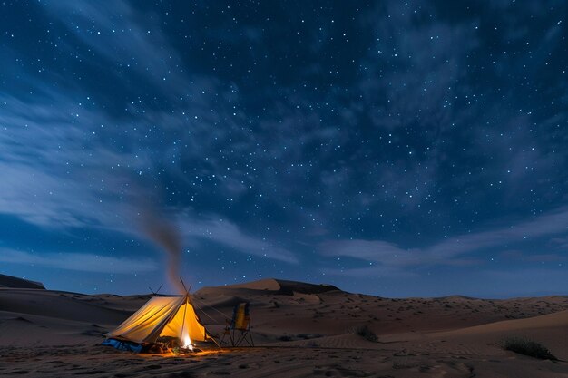 Een nomadische tent genesteld tussen de duinen met rook genererende ai