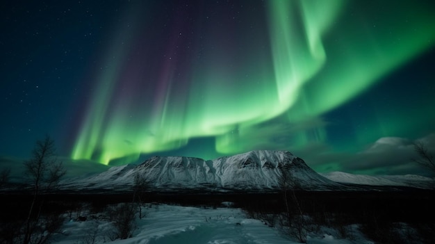 Een noorderlicht aurora borealis over een besneeuwd landschap.